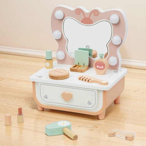 TOOKY TOY Drewniana Toaletka Motylek Akcesoria Lustro z Oświetleniem LED + Kosmetyki - 007