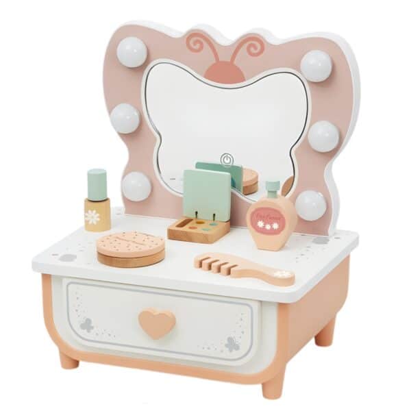 TOOKY TOY Drewniana Toaletka Motylek Akcesoria Lustro z Oświetleniem LED + Kosmetyki - 009