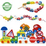 WOOPIE GREEN Drewniane Klocki do Nawlekania Pojazdy Samochody 13 el. - 001