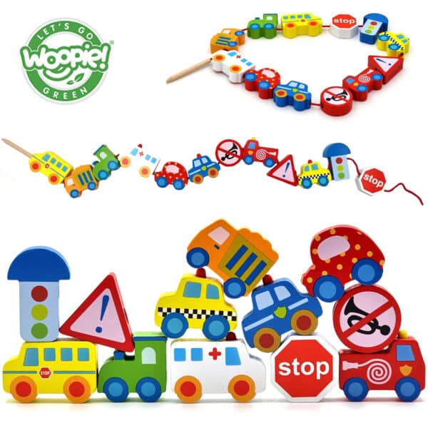 WOOPIE GREEN Drewniane Klocki do Nawlekania Pojazdy Samochody 13 el. - 001