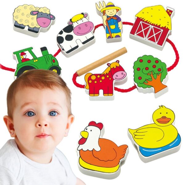 VIGA Drewniana Przeplatanka Klocki Farma do Nawlekania Montessori - 001