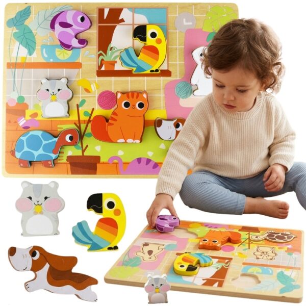 TOOKY TOY Drewniane Puzzle Montessori Zwierzątka Dom Dopasuj Kształty - 001