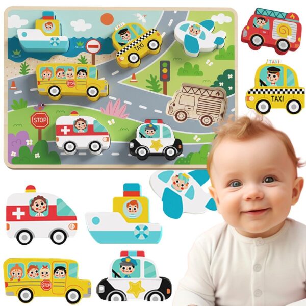 TOOKY TOY Drewniane Puzzle Montessori Pojazdy Samochody Samolot Statek Miasto Dopasuj Kształty - 001