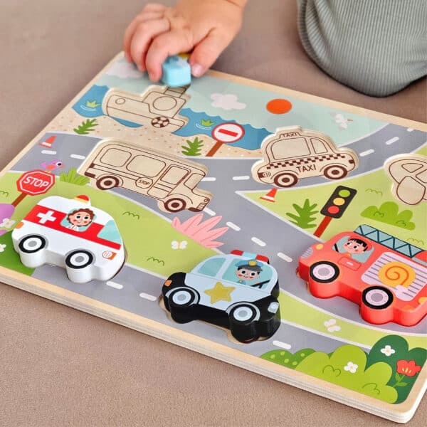 TOOKY TOY Drewniane Puzzle Montessori Pojazdy Samochody Samolot Statek Miasto Dopasuj Kształty - 003