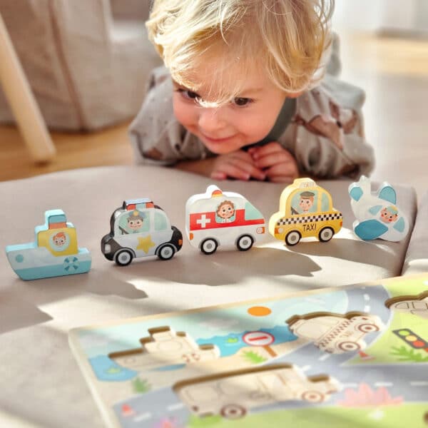 TOOKY TOY Drewniane Puzzle Montessori Pojazdy Samochody Samolot Statek Miasto Dopasuj Kształty - 004