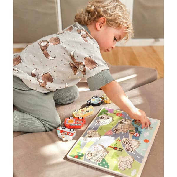 TOOKY TOY Drewniane Puzzle Montessori Pojazdy Samochody Samolot Statek Miasto Dopasuj Kształty - 005