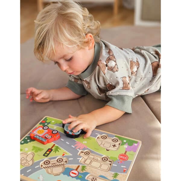 TOOKY TOY Drewniane Puzzle Montessori Pojazdy Samochody Samolot Statek Miasto Dopasuj Kształty - 007