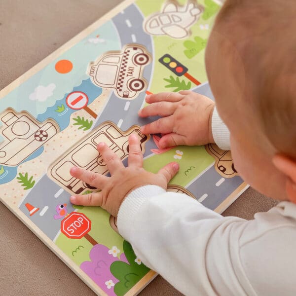TOOKY TOY Drewniane Puzzle Montessori Pojazdy Samochody Samolot Statek Miasto Dopasuj Kształty - 008