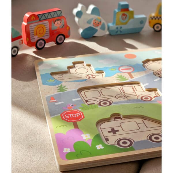 TOOKY TOY Drewniane Puzzle Montessori Pojazdy Samochody Samolot Statek Miasto Dopasuj Kształty - 009