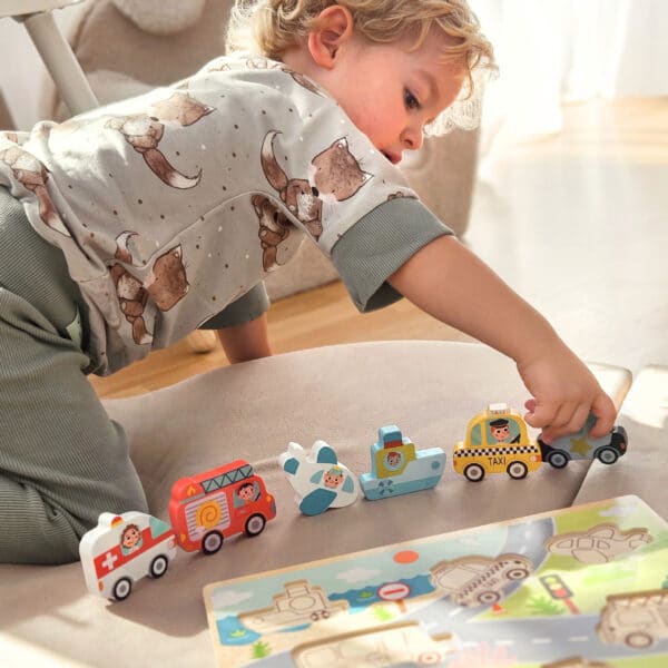 TOOKY TOY Drewniane Puzzle Montessori Pojazdy Samochody Samolot Statek Miasto Dopasuj Kształty - 010
