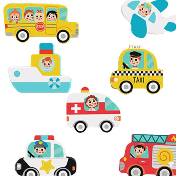 TOOKY TOY Drewniane Puzzle Montessori Pojazdy Samochody Samolot Statek Miasto Dopasuj Kształty - 011