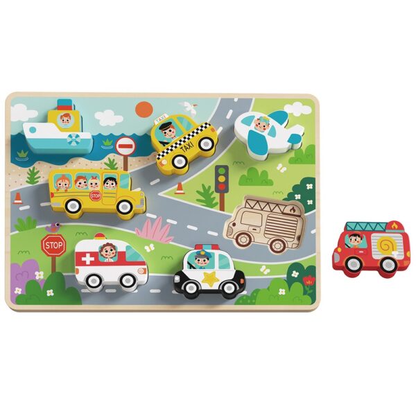 TOOKY TOY Drewniane Puzzle Montessori Pojazdy Samochody Samolot Statek Miasto Dopasuj Kształty - 012