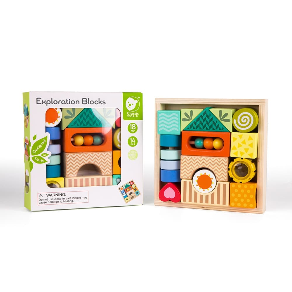 CLASSIC WORLD Drewniane Klocki Sensoryczne 7 Funkcji Układanka Multifunkcyjna Kształty Dźwięk MONTESSORI 14 el. - 011