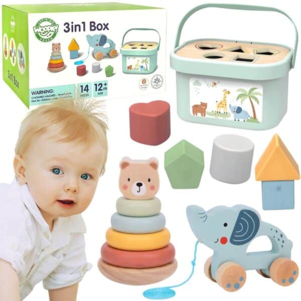 WOOPIE GREEN Pudełko Sorter Box 3w1 Klocki Piramidka Słonik FSC - 001