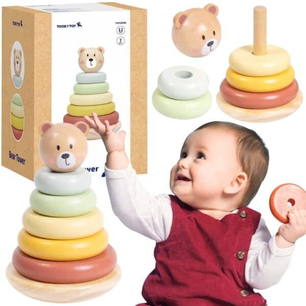 TOOKY TOY Drewniana Układanka Sensoryczna Piramidka Miś Sensoryczny Kolorowy Stacker - 001