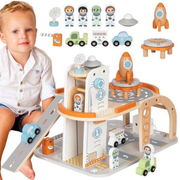 TOOKY TOY Drewniany Kosmiczny Parking  Stacja Kosmiczna - 001