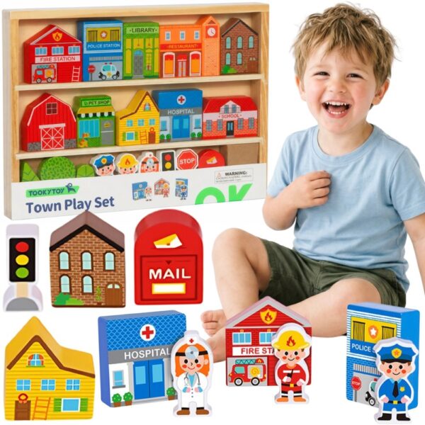 TOOKY TOY Drewniany Zestaw Budynków i Figurek Miasto - 001