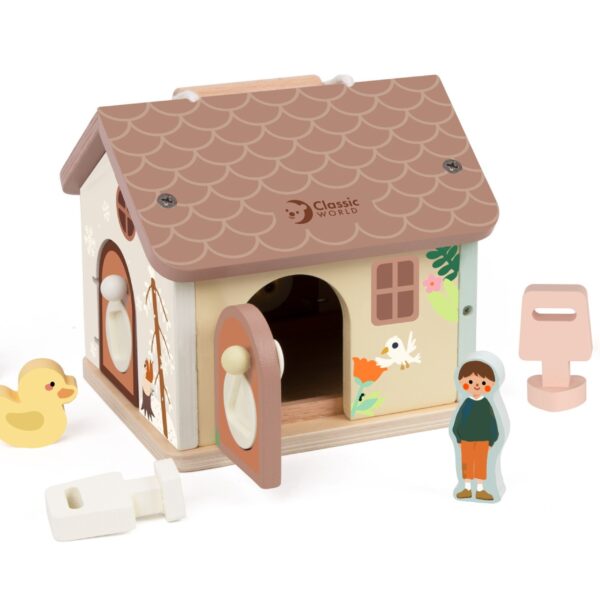 CLASSIC WORLD Drewniany Domek Sensoryczny Edukacyjny z Zamkami Kluczykami 11el. - 010