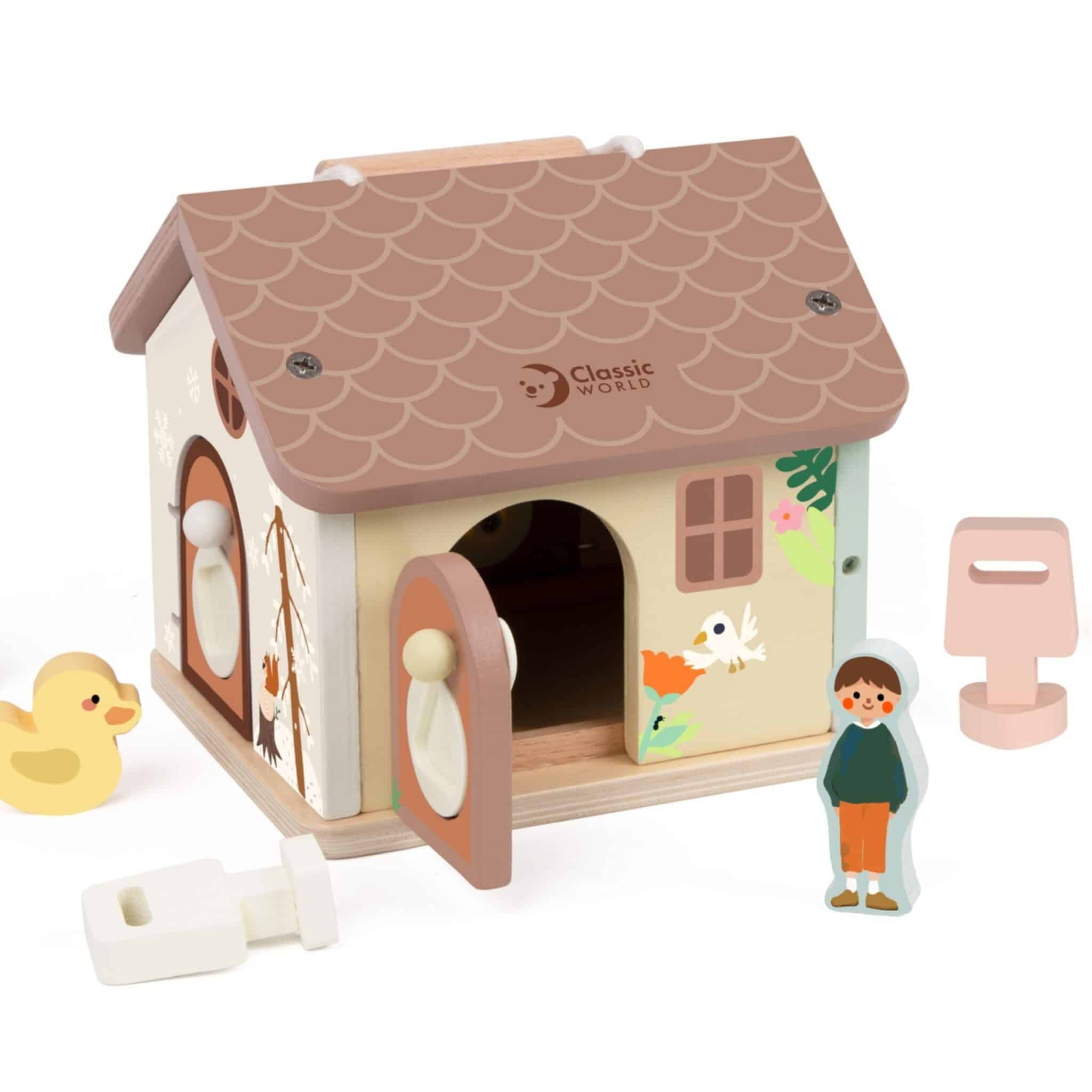 CLASSIC WORLD Drewniany Domek Sensoryczny Edukacyjny z Zamkami Kluczykami 11el. - 010