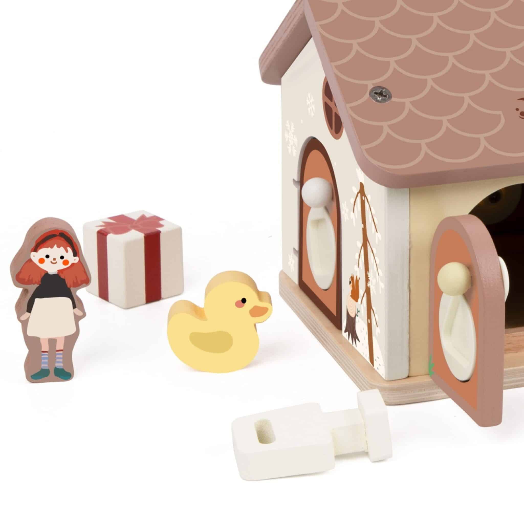 CLASSIC WORLD Drewniany Domek Sensoryczny Edukacyjny z Zamkami Kluczykami 11el. - 011