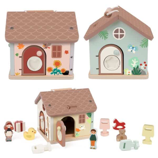 CLASSIC WORLD Drewniany Domek Sensoryczny Edukacyjny z Zamkami Kluczykami 11el. - 012