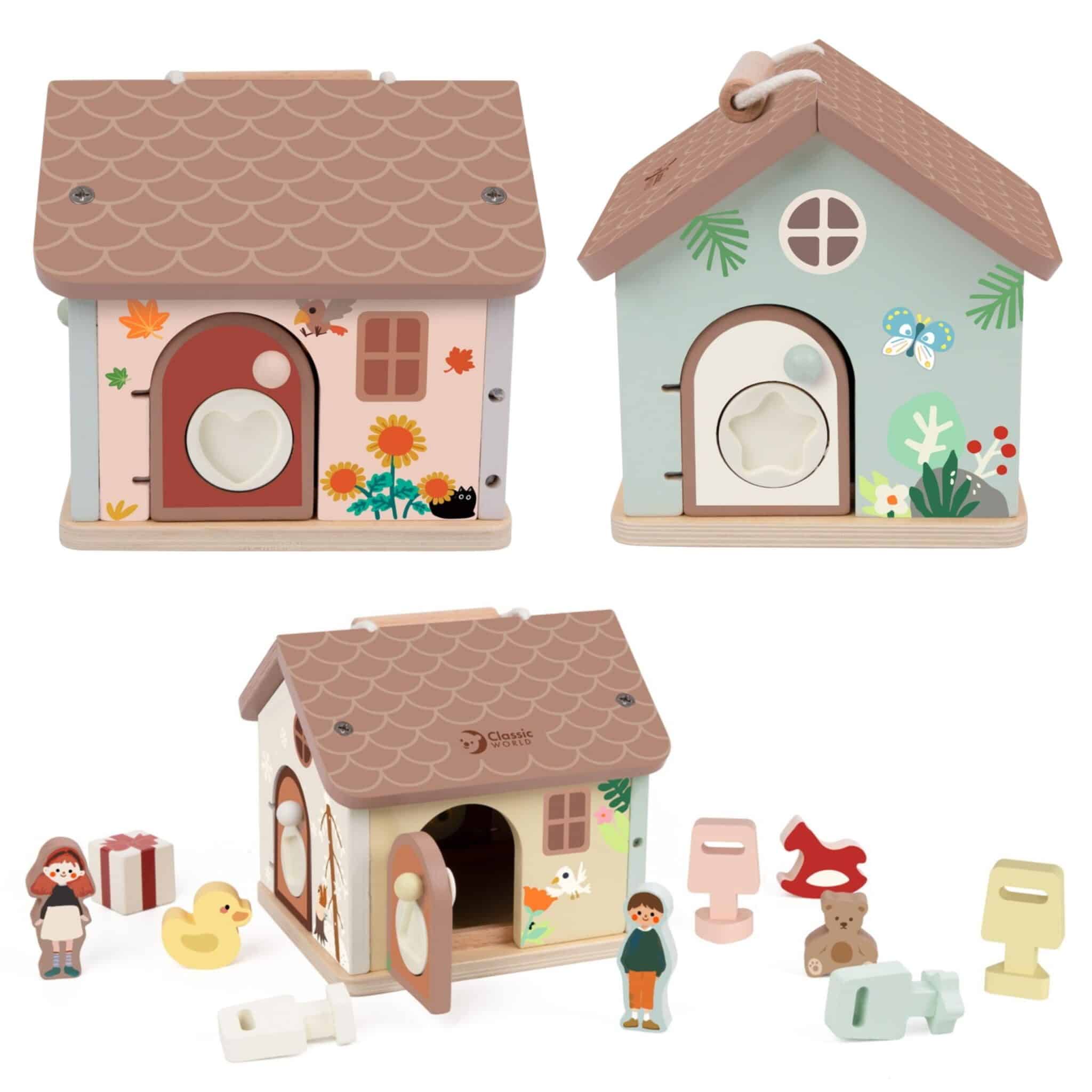 CLASSIC WORLD Drewniany Domek Sensoryczny Edukacyjny z Zamkami Kluczykami 11el. - 012
