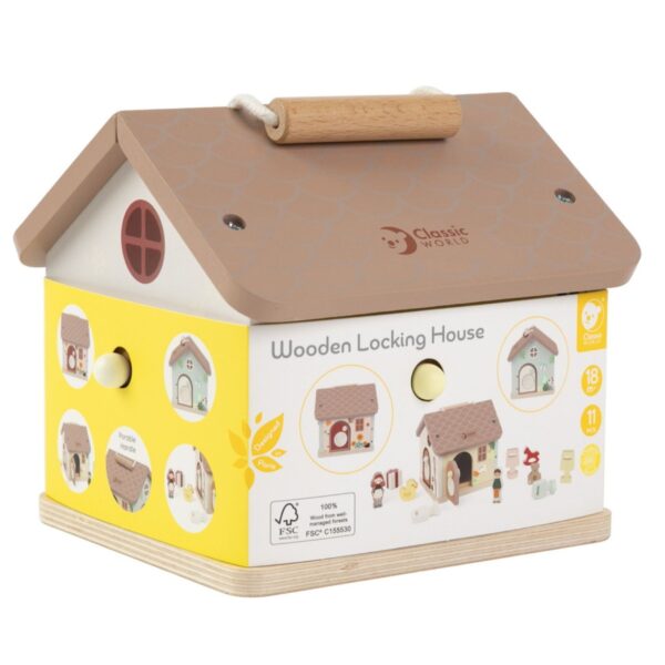 CLASSIC WORLD Drewniany Domek Sensoryczny Edukacyjny z Zamkami Kluczykami 11el. - 013