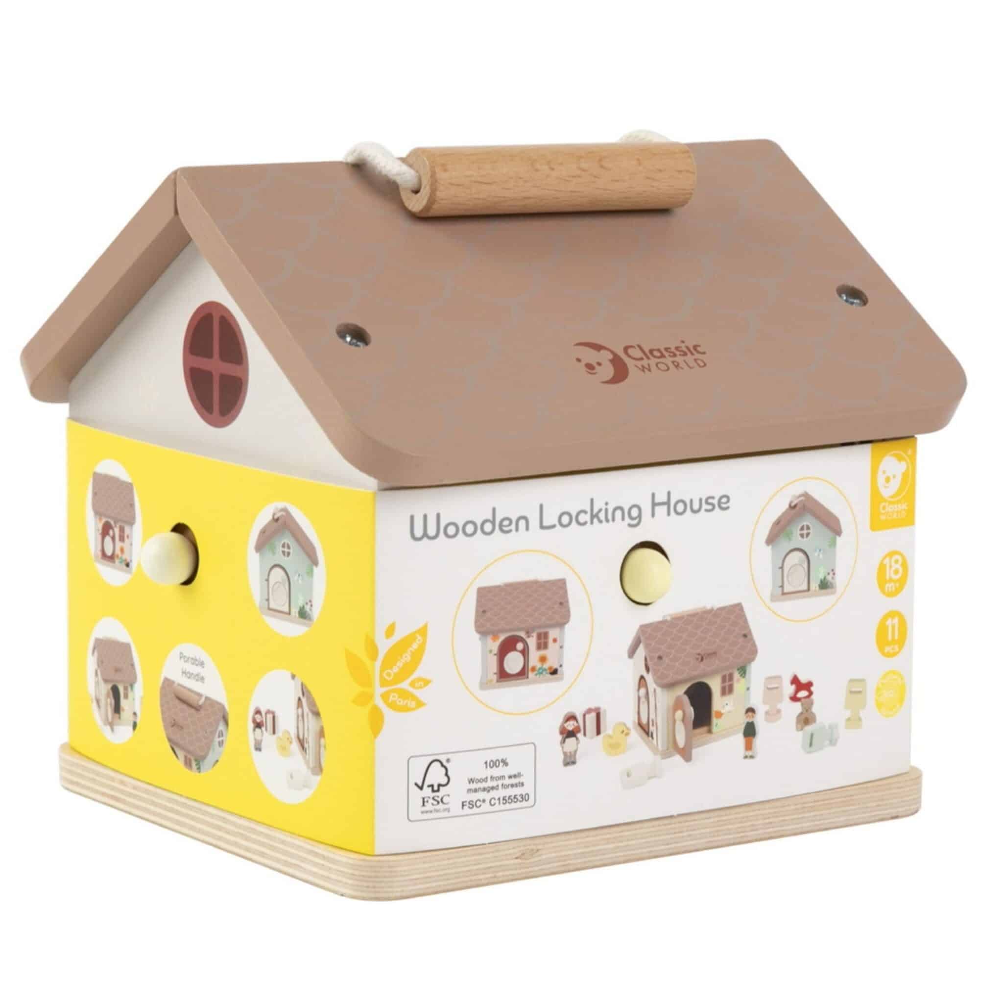 CLASSIC WORLD Drewniany Domek Sensoryczny Edukacyjny z Zamkami Kluczykami 11el. - 013
