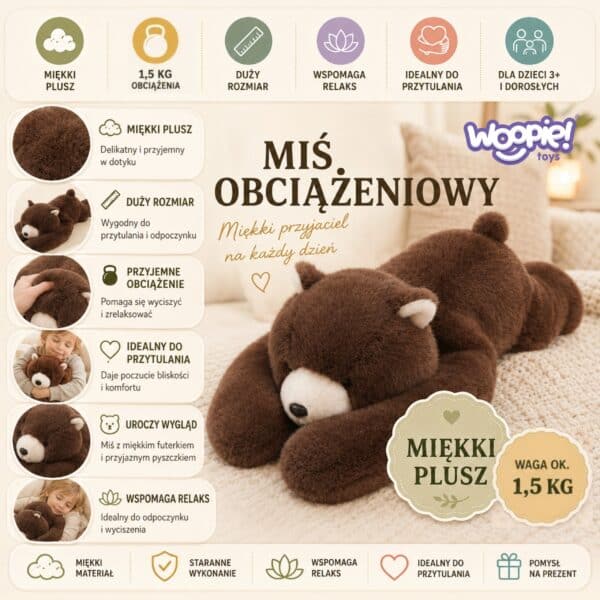 WOOPIE Pluszak Obciążeniowy Miś Niedźwiadek Bruno Antystresowy Sensoryczny Ciężkomiś Przytulanka 65cm 1500g - 002