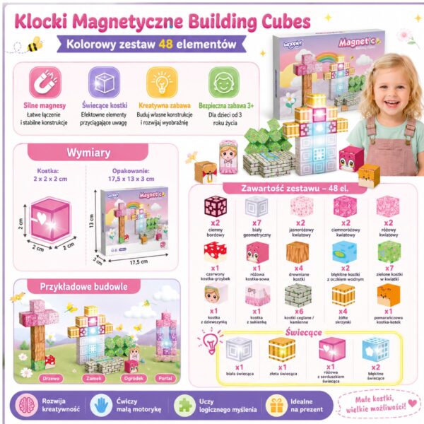 Woopie Klocki Magnetyczne Kostki 48 el Montessori Edukacyjna Układanka 3D - 006