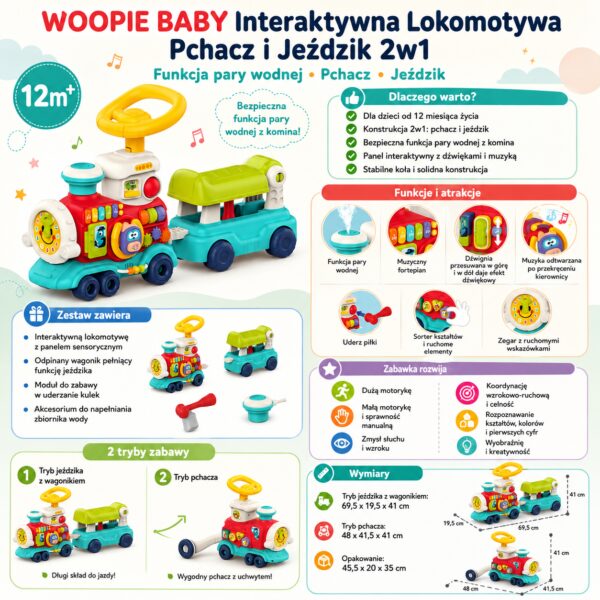 WOOPIE BABY Lokomotywa Pchacz Jeździk 2w1 Interaktywny Pociąg - 003