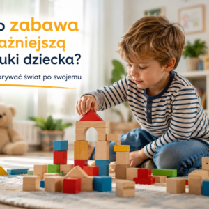 Dziecko budujące wieżę z drewnianych klocków podczas kreatywnej zabawy. Zabawa rozwija wyobraźnię, logiczne myślenie, koncentrację oraz wspiera naukę i rozwój dziecka.