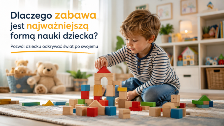 Dziecko budujące wieżę z drewnianych klocków podczas kreatywnej zabawy. Zabawa rozwija wyobraźnię, logiczne myślenie, koncentrację oraz wspiera naukę i rozwój dziecka.