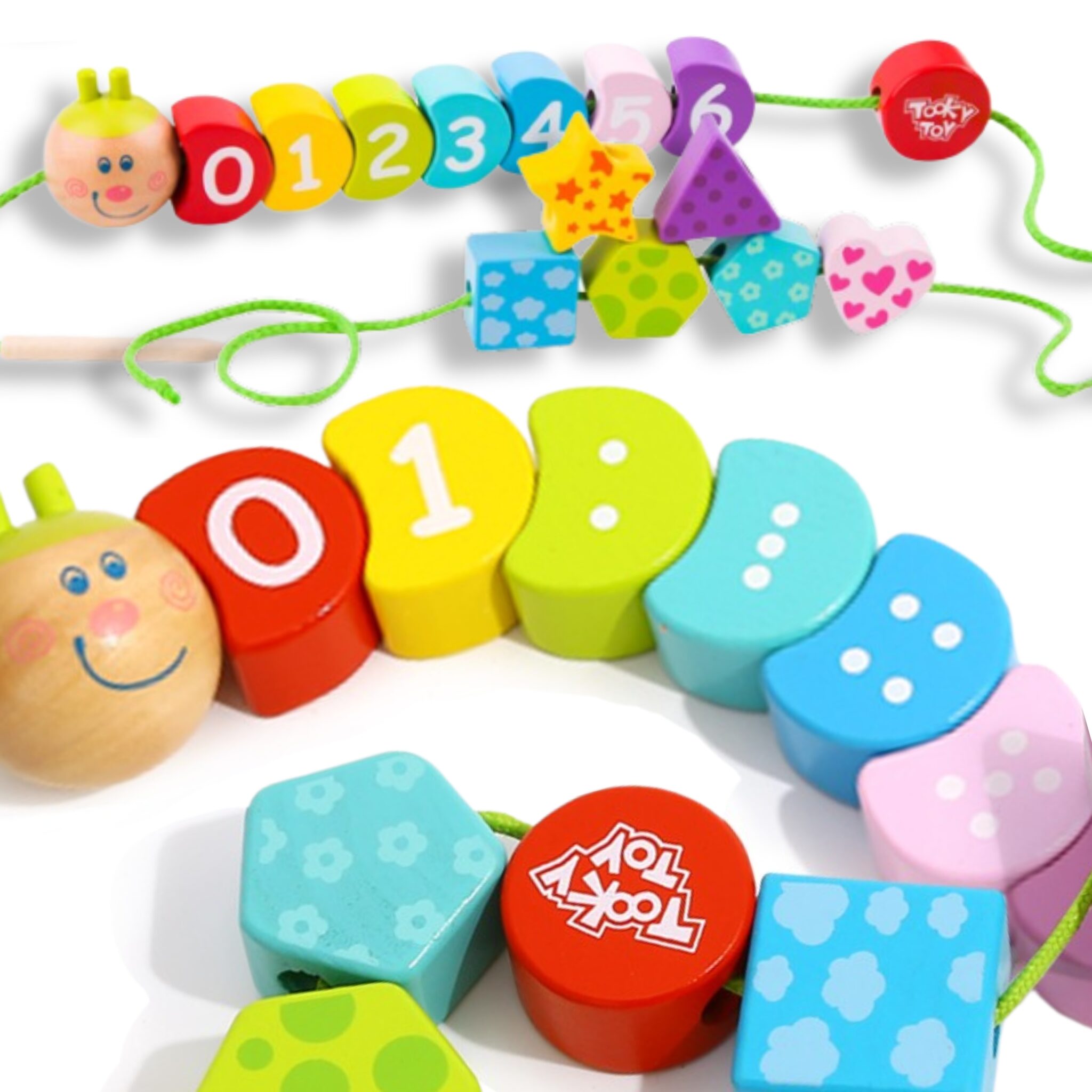 Drewniane klocki do nawlekania gąsienica nauka liczenia 20 el. - Tooky Toy - 001