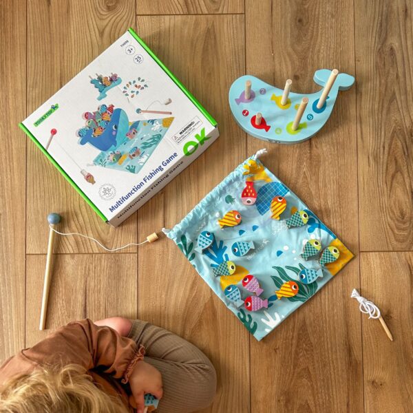 Edukacyjna gra zręcznościowa 4w1 wieloryb i rybki drewniana - Tooky Toy - 005