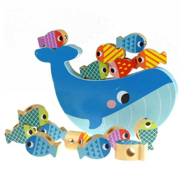 Edukacyjna gra zręcznościowa 4w1 wieloryb i rybki drewniana - Tooky Toy - 009