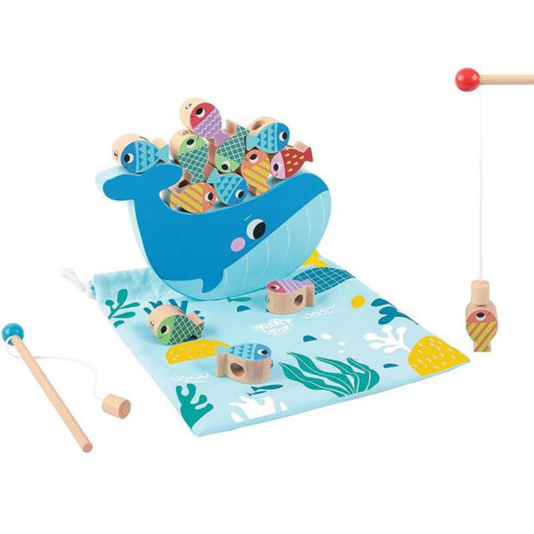 Edukacyjna gra zręcznościowa 4w1 wieloryb i rybki drewniana - Tooky Toy - 012