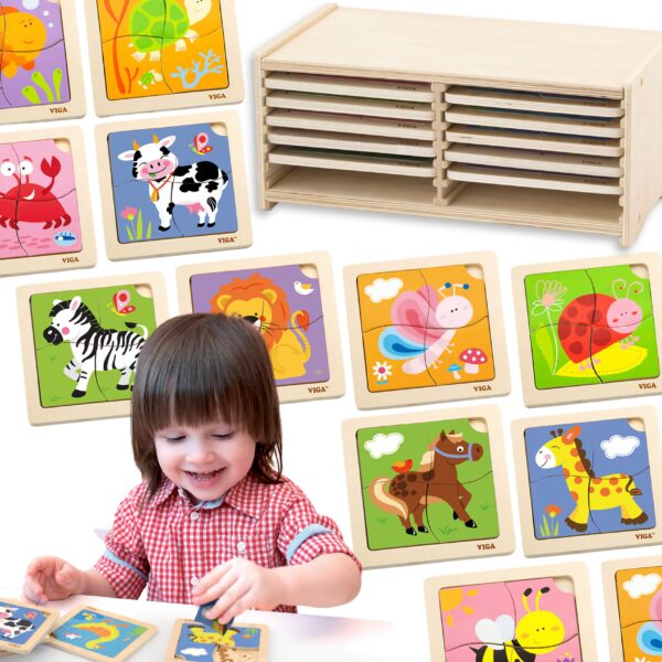 Puzzle Drewniane dla Dzieci 12 Plansz po 4 Elementy ze Stojakiem - VIGA