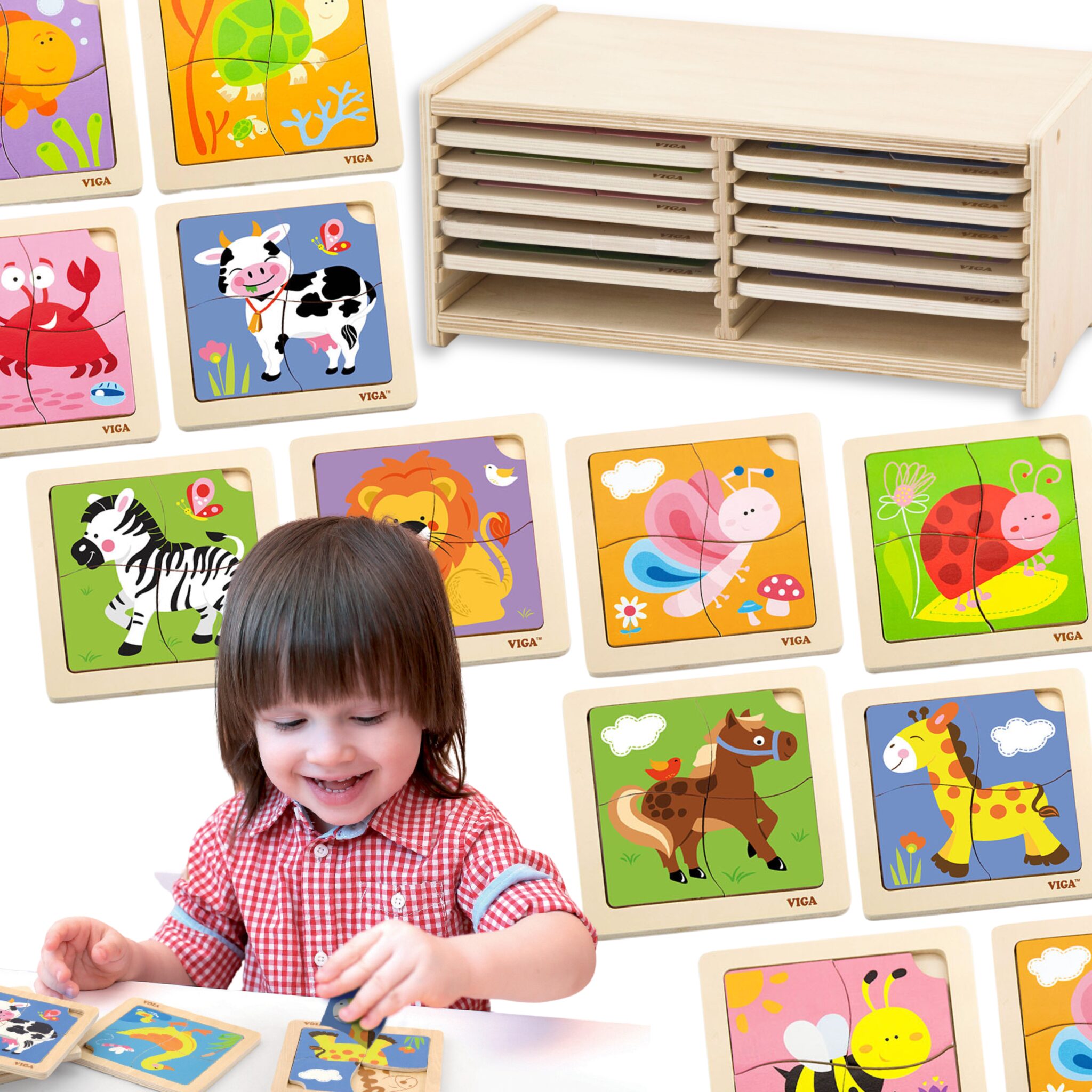 Puzzle Drewniane dla Dzieci 12 Plansz po 4 Elementy ze Stojakiem - VIGA - 001