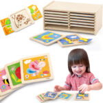 Puzzle Drewniane dla Dzieci 12 Plansz po 4 Elementy ze Stojakiem - VIGA - 002