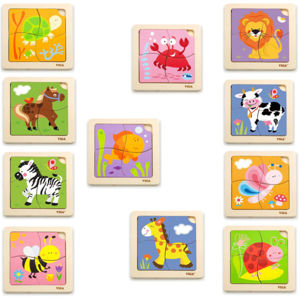 Puzzle Drewniane dla Dzieci 12 Plansz po 4 Elementy ze Stojakiem - VIGA - 005