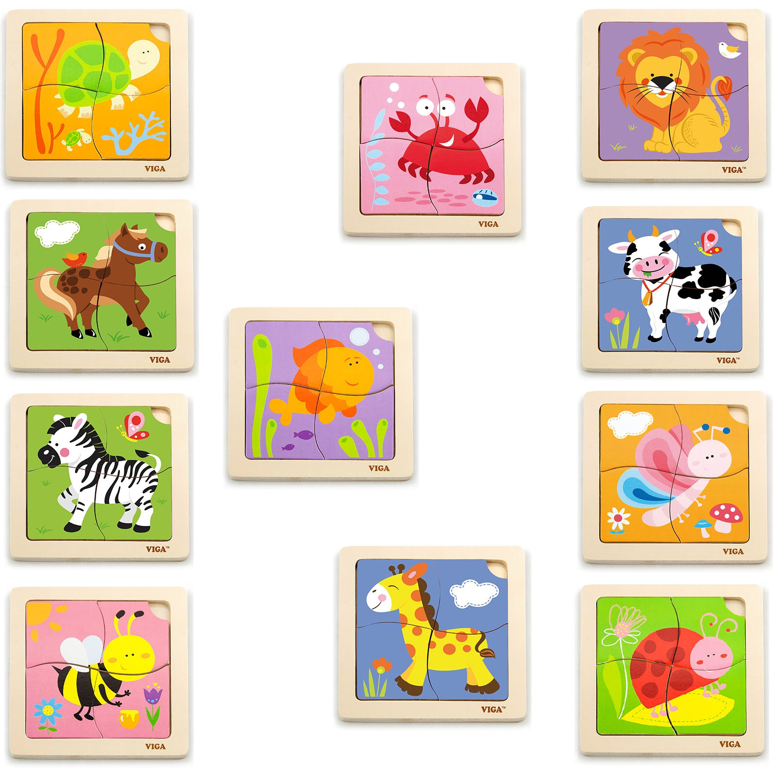 Puzzle Drewniane dla Dzieci 12 Plansz po 4 Elementy ze Stojakiem - VIGA - 005