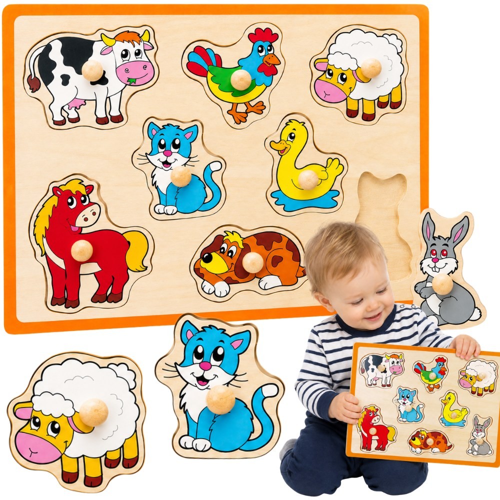Drewniane puzzle sensoryczne zwierzęta wiejskie układanka klocki - Viga - 001