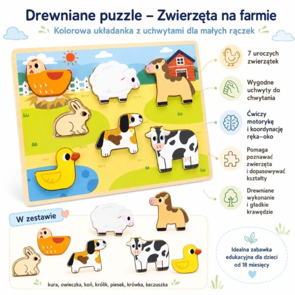 Drewniana układanka sensoryczna 2w1 figurki zwierzęta farma - Viga - 006