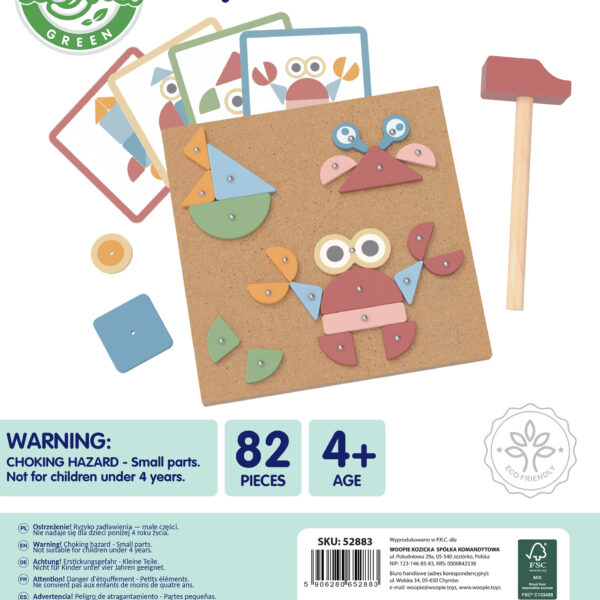 Przybijanka Montessori drewniana młotek 20 wzorów 82 el. 4+ - WOOPIE GREEN - 013
