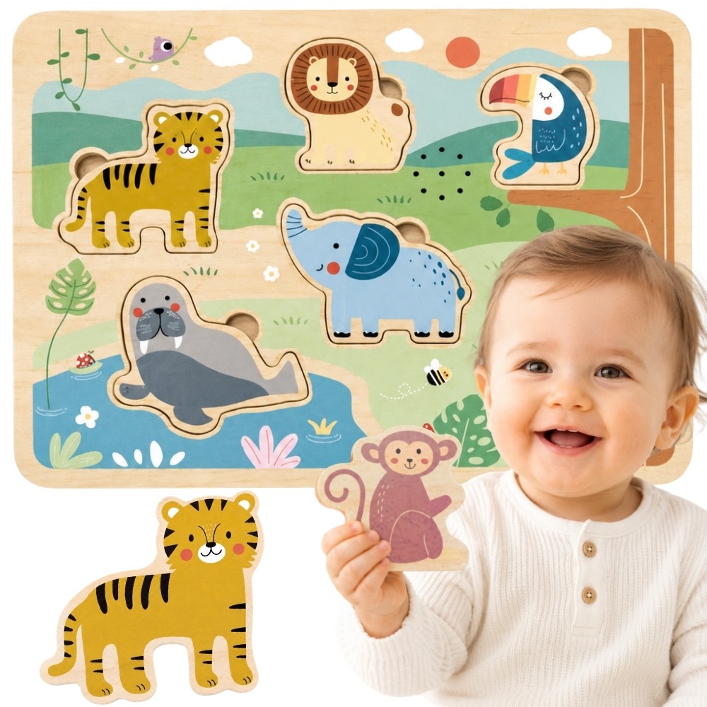 TOOKY TOY Drewniana Układanka Montessori Interaktywne Puzzle Dźwiękowe Dzikie Zwierzęta Safari - 001