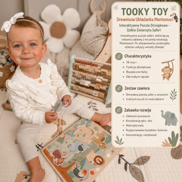 TOOKY TOY Drewniana Układanka Montessori Interaktywne Puzzle Dźwiękowe Dzikie Zwierzęta Safari - 002