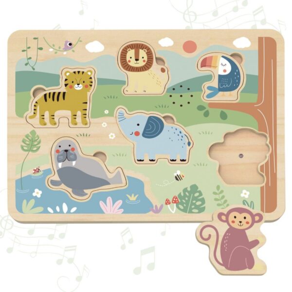 TOOKY TOY Drewniana Układanka Montessori Interaktywne Puzzle Dźwiękowe Dzikie Zwierzęta Safari - 006