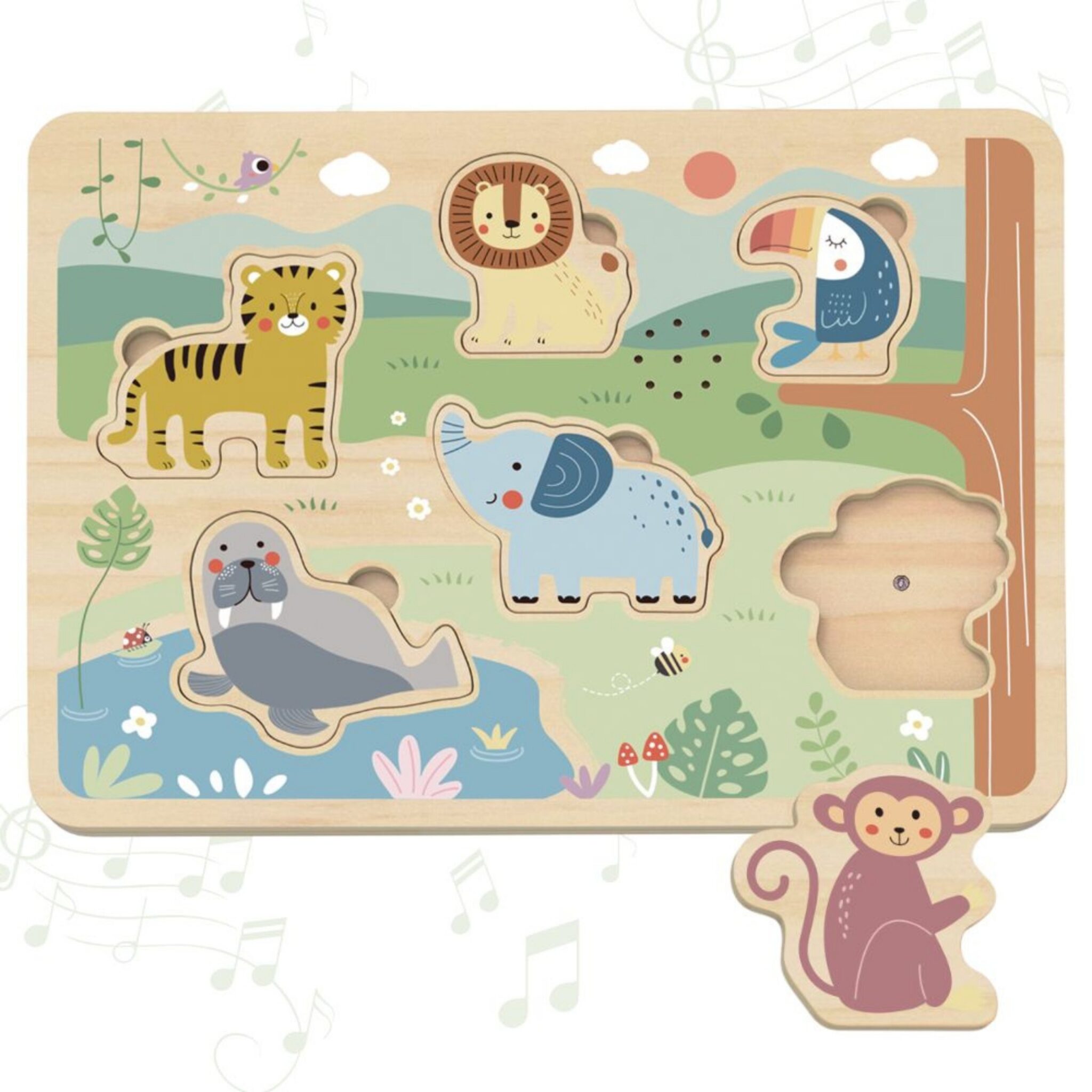 TOOKY TOY Drewniana Układanka Montessori Interaktywne Puzzle Dźwiękowe Dzikie Zwierzęta Safari - 006