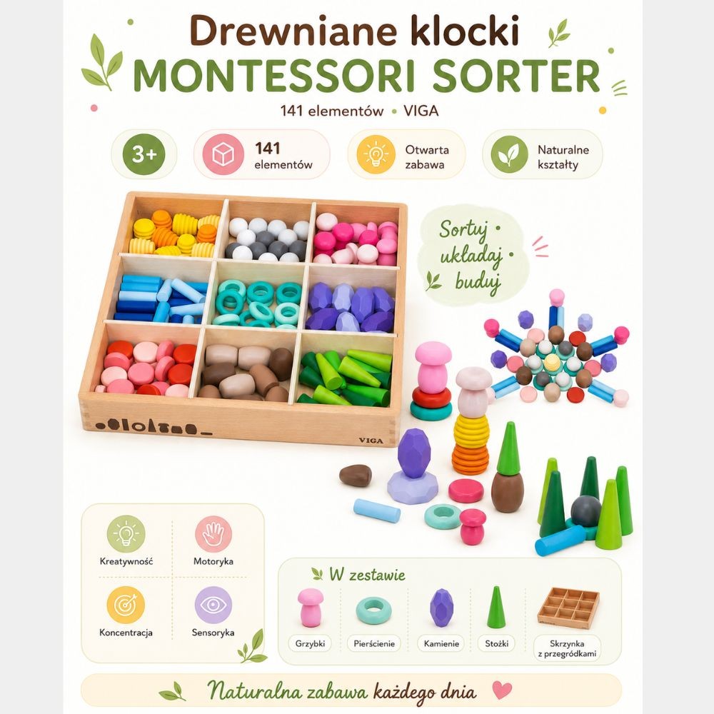 VIGA Klocki Drewniane Edukacyjne Układanka Montesori 141el. - 008